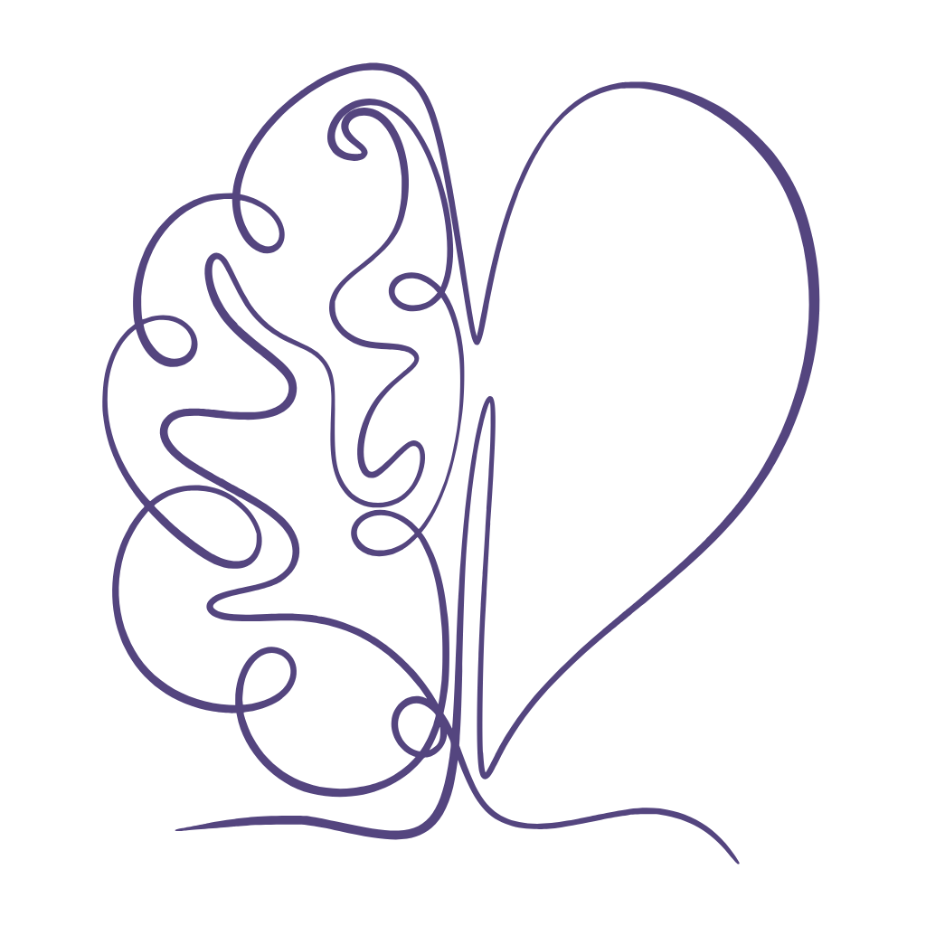 dark purple sketch split heart, one side is a brain