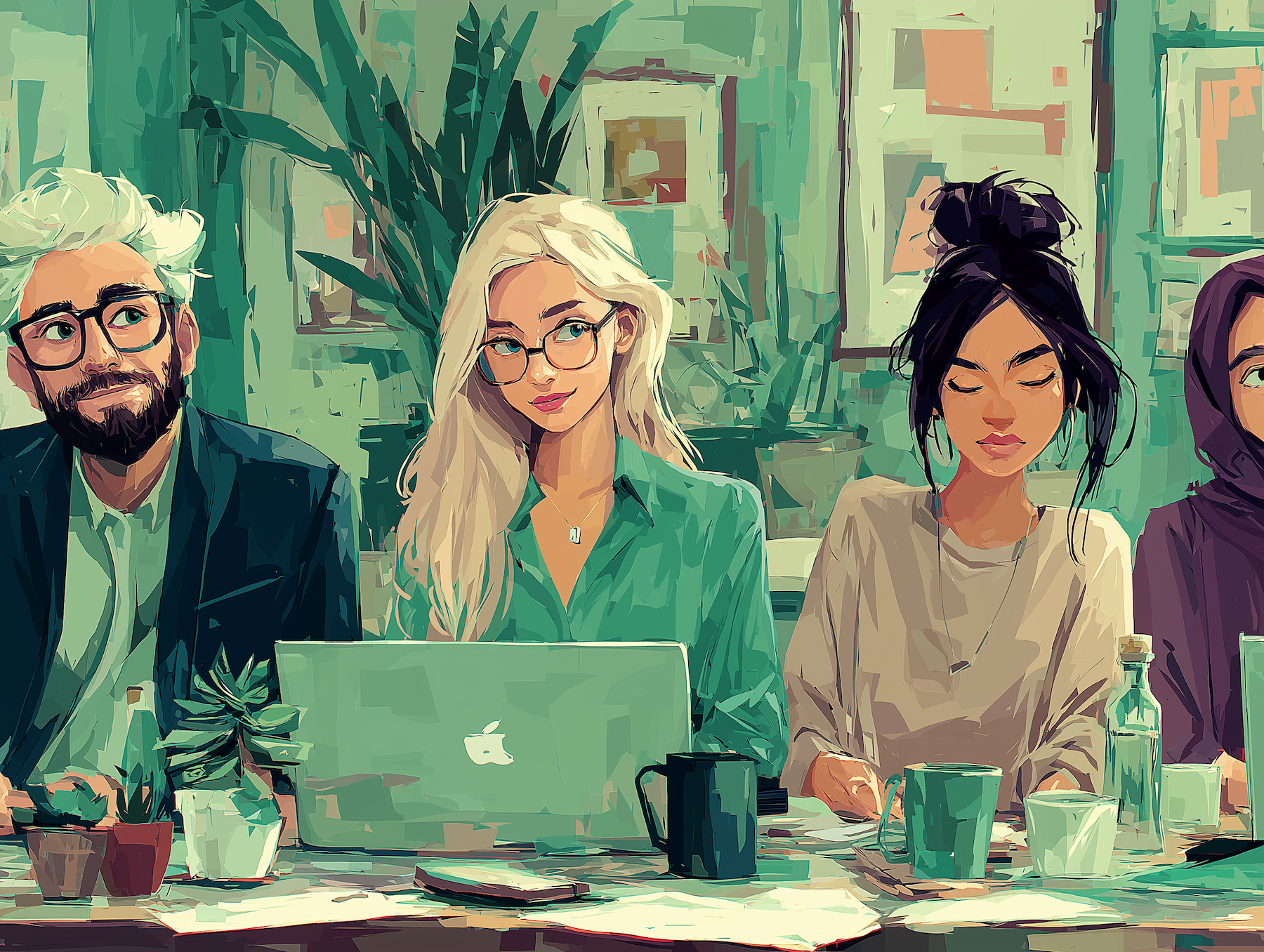 Digital painting of a diverse group in a stylish cafe. A man with white hair and a bearded smile sits with three women, one on a laptop, in a serene, modern setting.